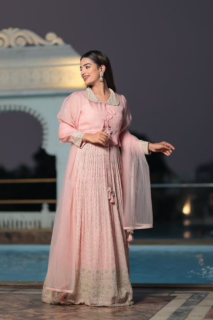 Baby Pink Skirt Crop Top Set With Zari Embroidery And Cropped Jacket