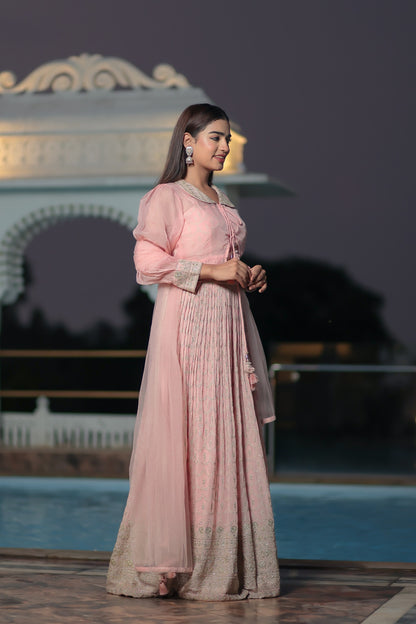 Baby Pink Skirt Crop Top Set With Zari Embroidery And Cropped Jacket