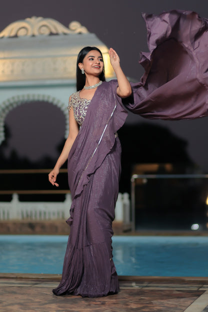 English Violet Crush Shimmer Mermaid Cut Drape Saree