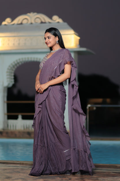 English Violet Crush Shimmer Mermaid Cut Drape Saree