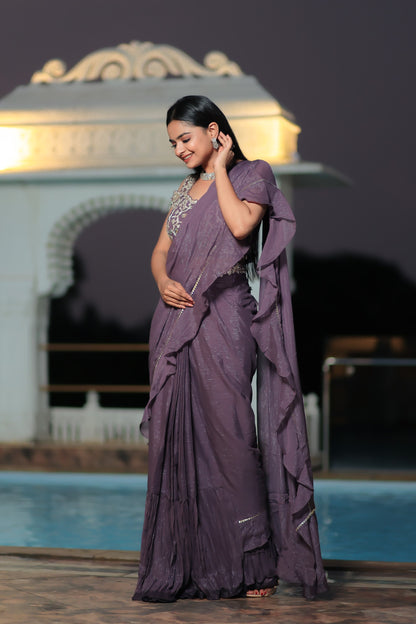 English Violet Crush Shimmer Mermaid Cut Drape Saree