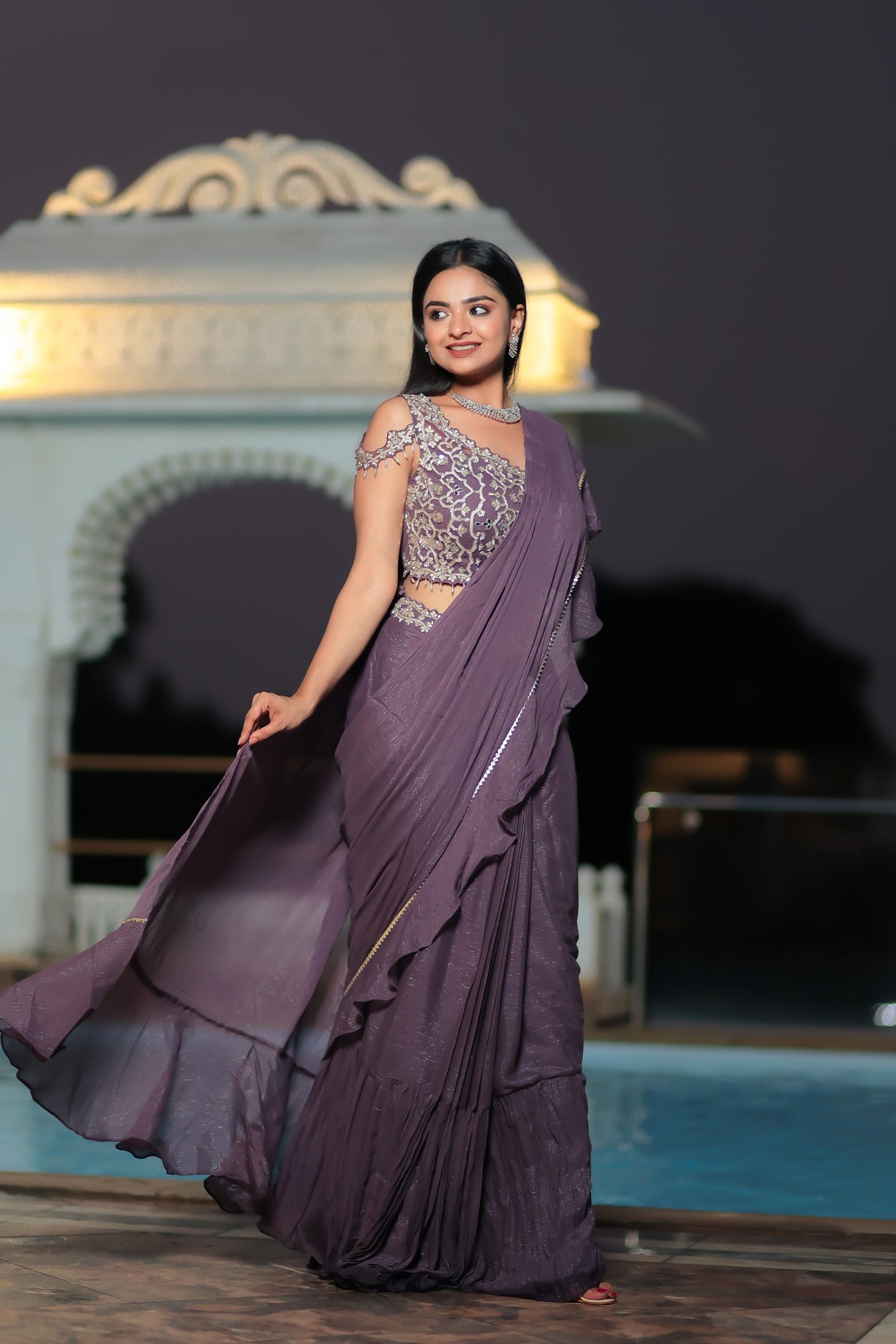 English Violet Crush Shimmer Mermaid Cut Drape Saree