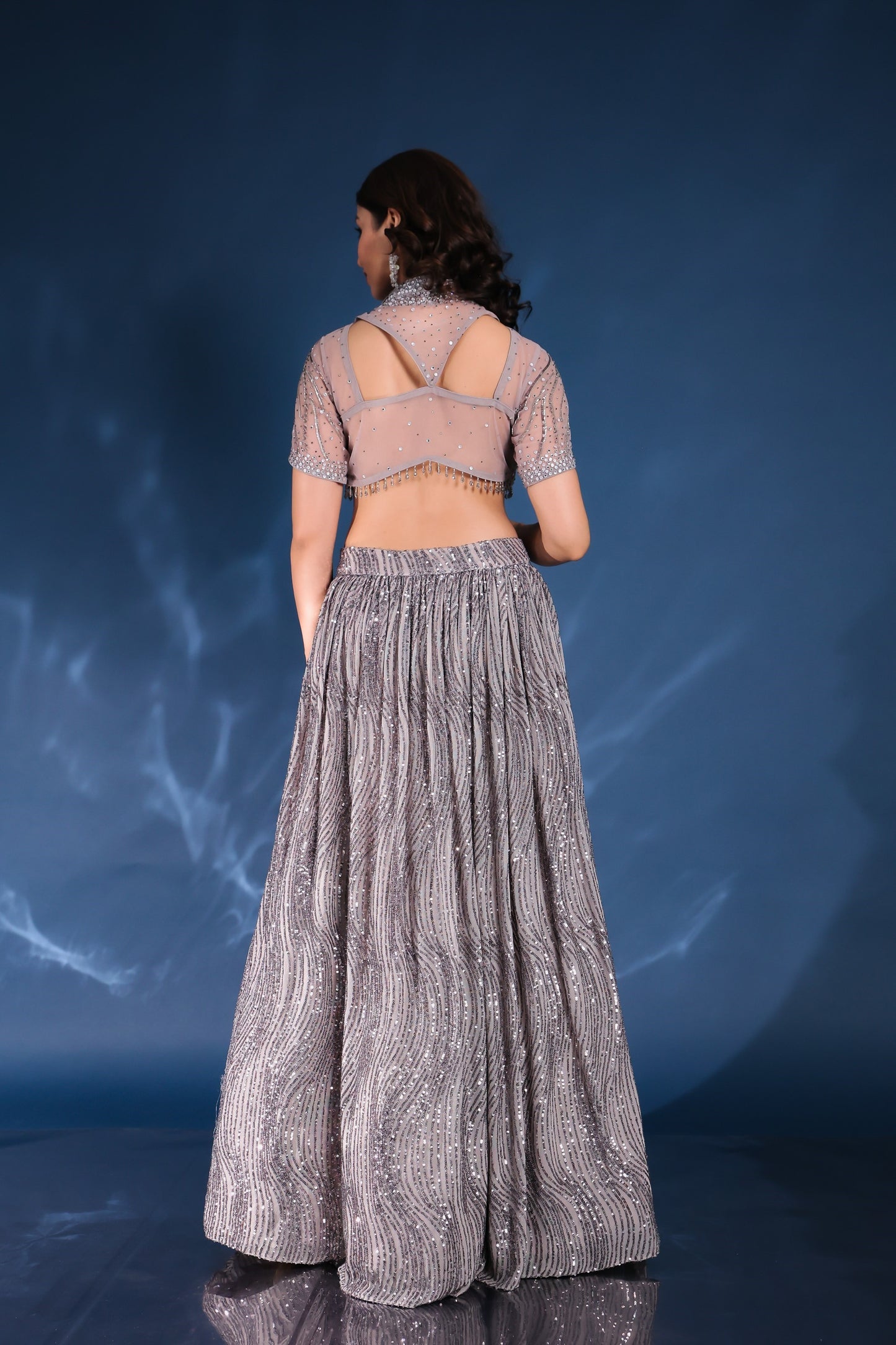 Light Purple Sequin High Collar Neck Crop Top Set