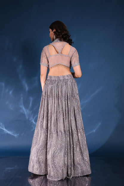 Light Purple Sequin High Collar Neck Crop Top Set