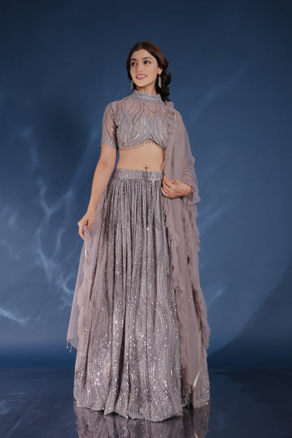 Light Purple Sequin High Collar Neck Crop Top Set