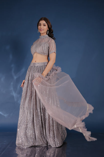 Light Purple Sequin High Collar Neck Crop Top Set