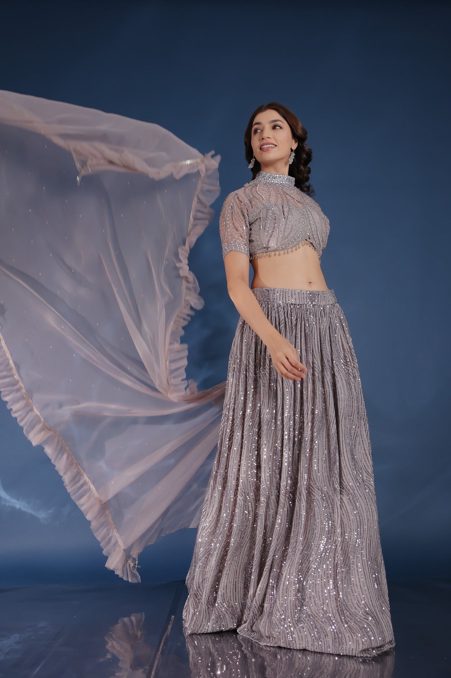 Light Purple Sequin High Collar Neck Crop Top Set