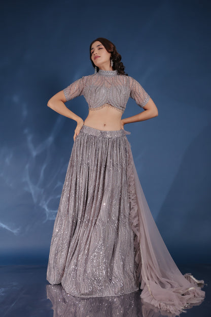 Light Purple Sequin High Collar Neck Crop Top Set