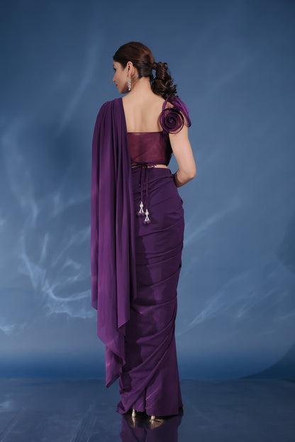 Violet Italian Lycra Drapr Saree With Embellished Crop Top