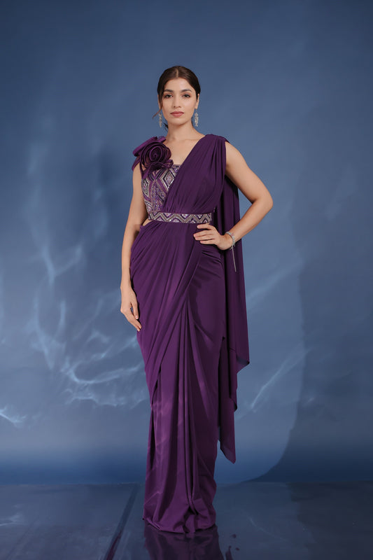 Violet Italian Lycra Drapr Saree With Embellished Crop Top