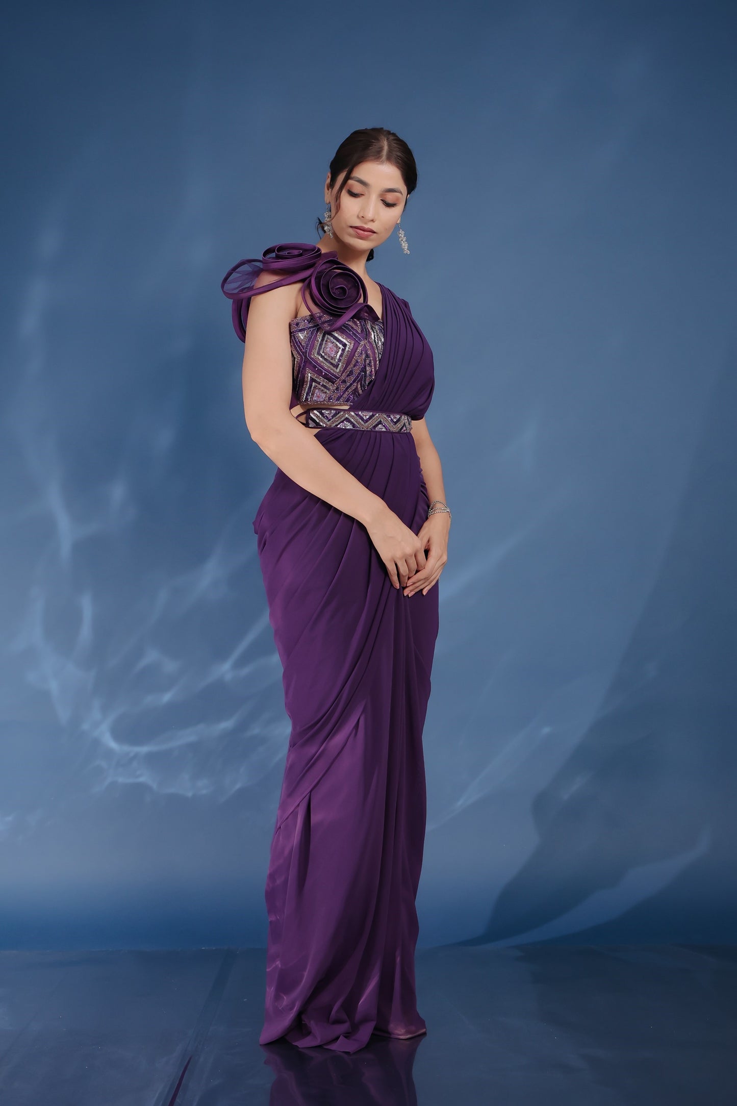 Violet Italian Lycra Drapr Saree With Embellished Crop Top