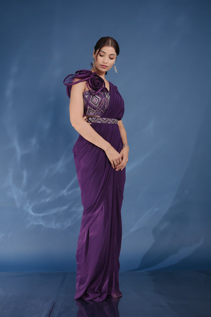 Violet Italian Lycra Drapr Saree With Embellished Crop Top