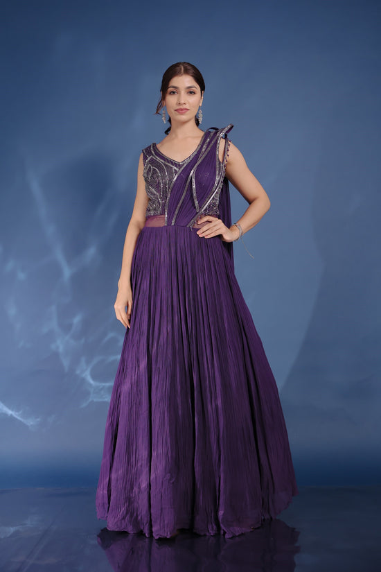Violet Embellished Gown With Attached Drape