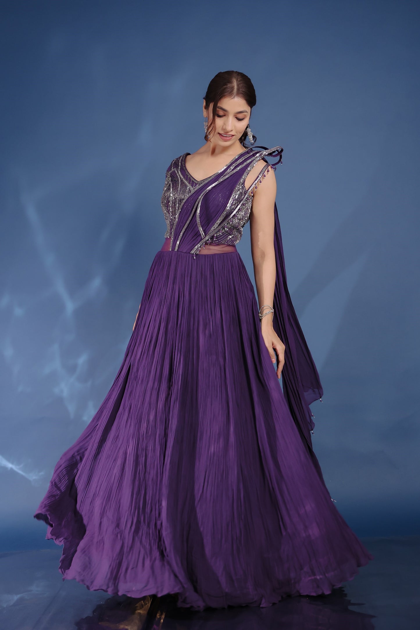 Violet Embellished Gown With Attached Drape