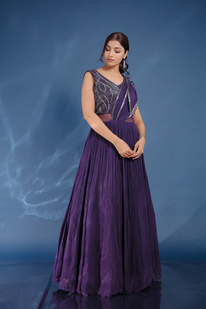 Violet Embellished Gown With Attached Drape