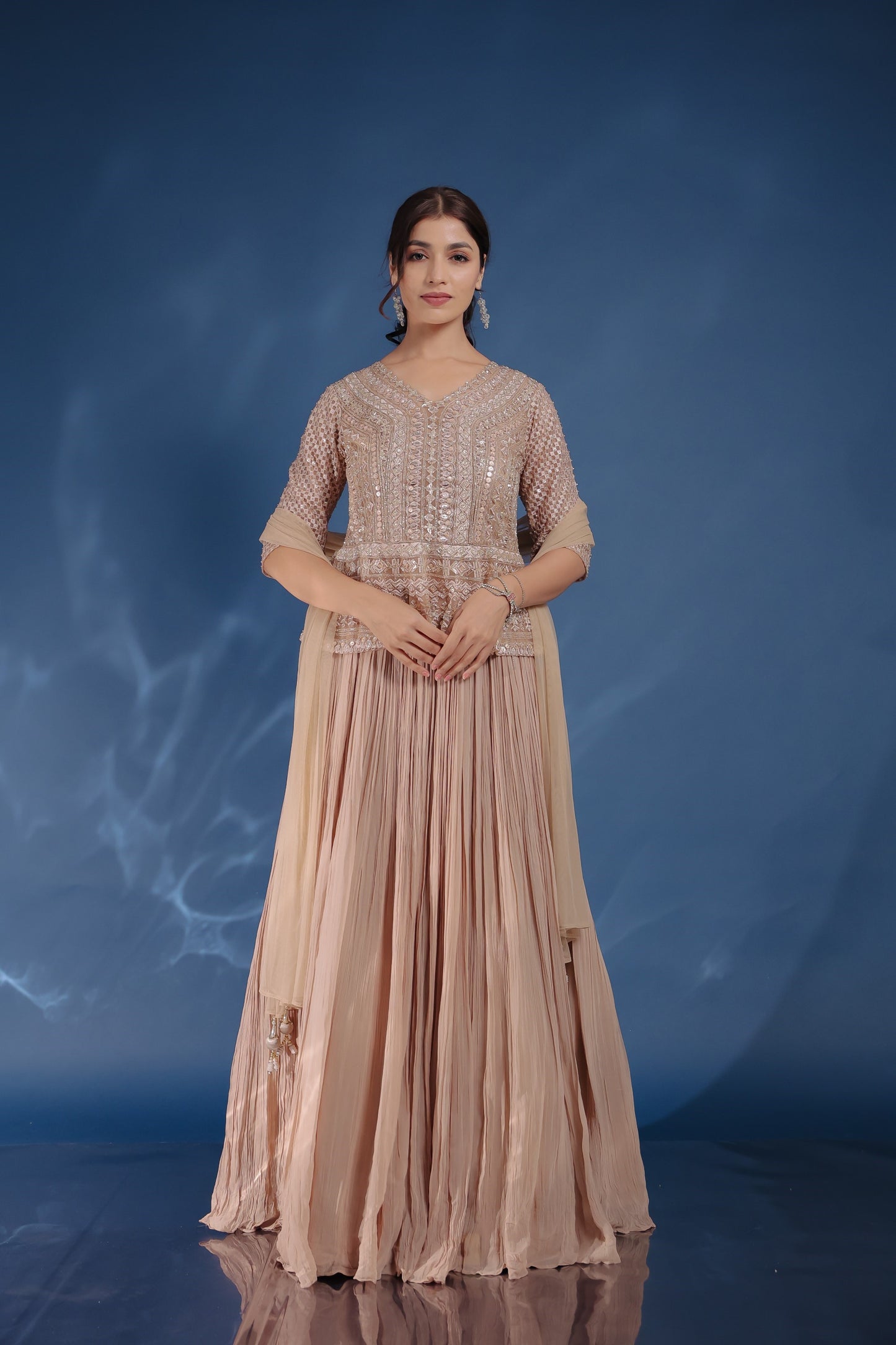 Light Beige Colour Georgette Gown With Fine Net Jacket And Dupatta