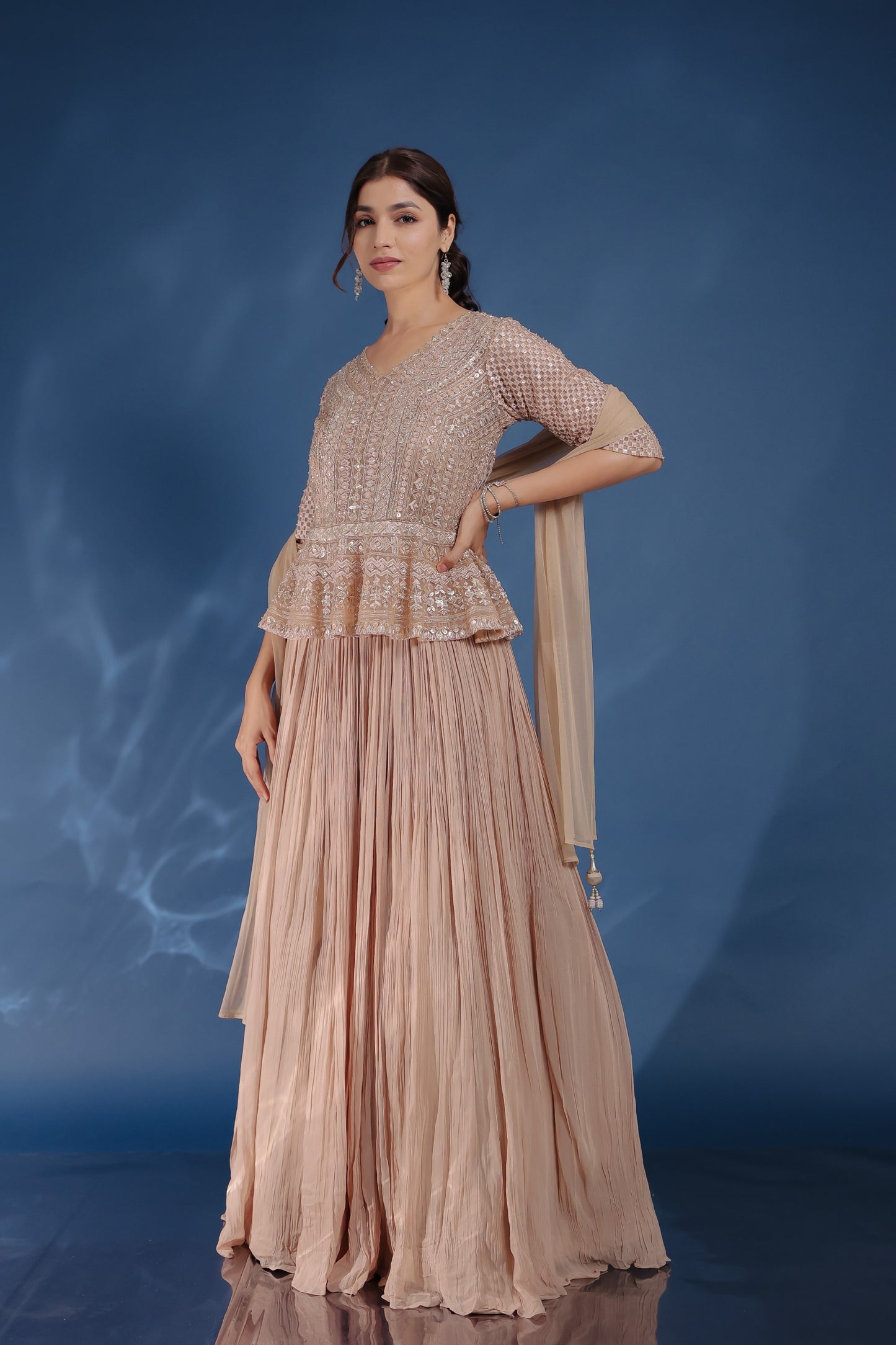 Light Beige Colour Georgette Gown With Fine Net Jacket And Dupatta