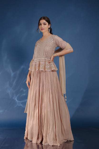 Light Beige Colour Georgette Gown With Fine Net Jacket And Dupatta