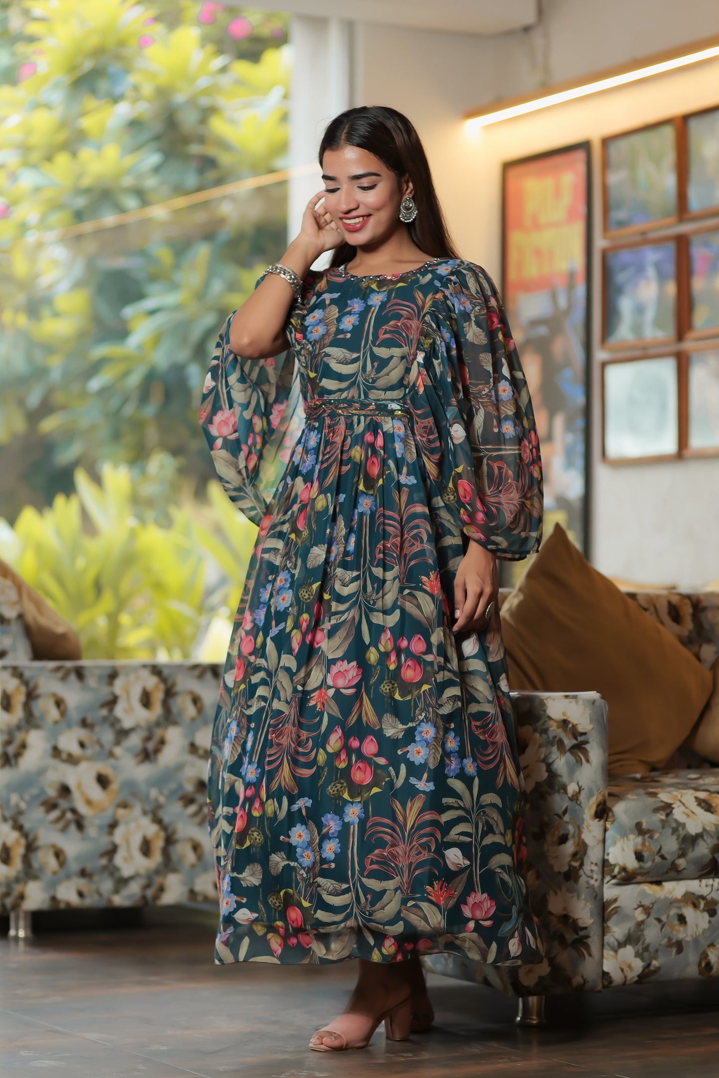Navy Blue Chiffon Floral Print Dress