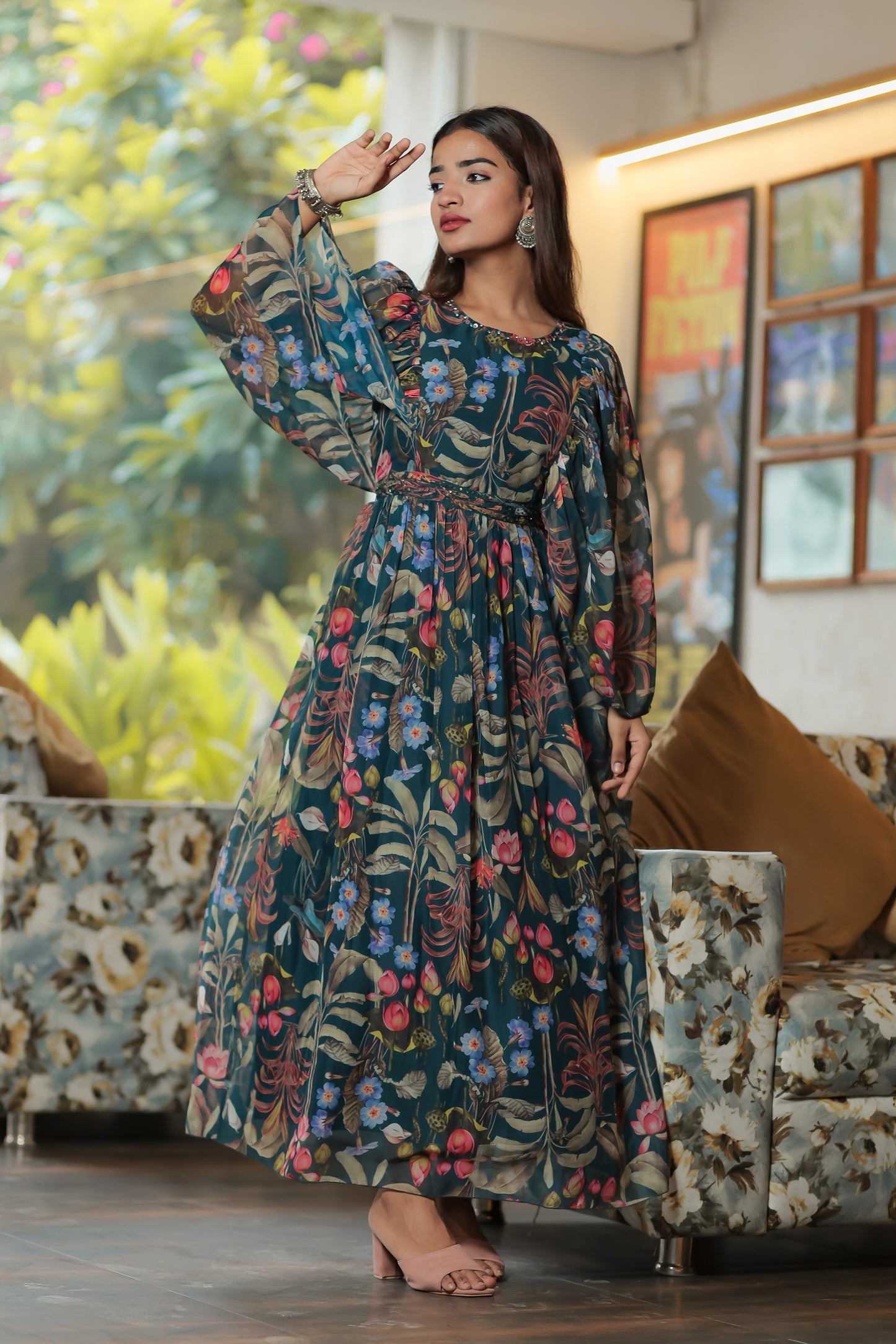 Navy Blue Chiffon Floral Print Dress