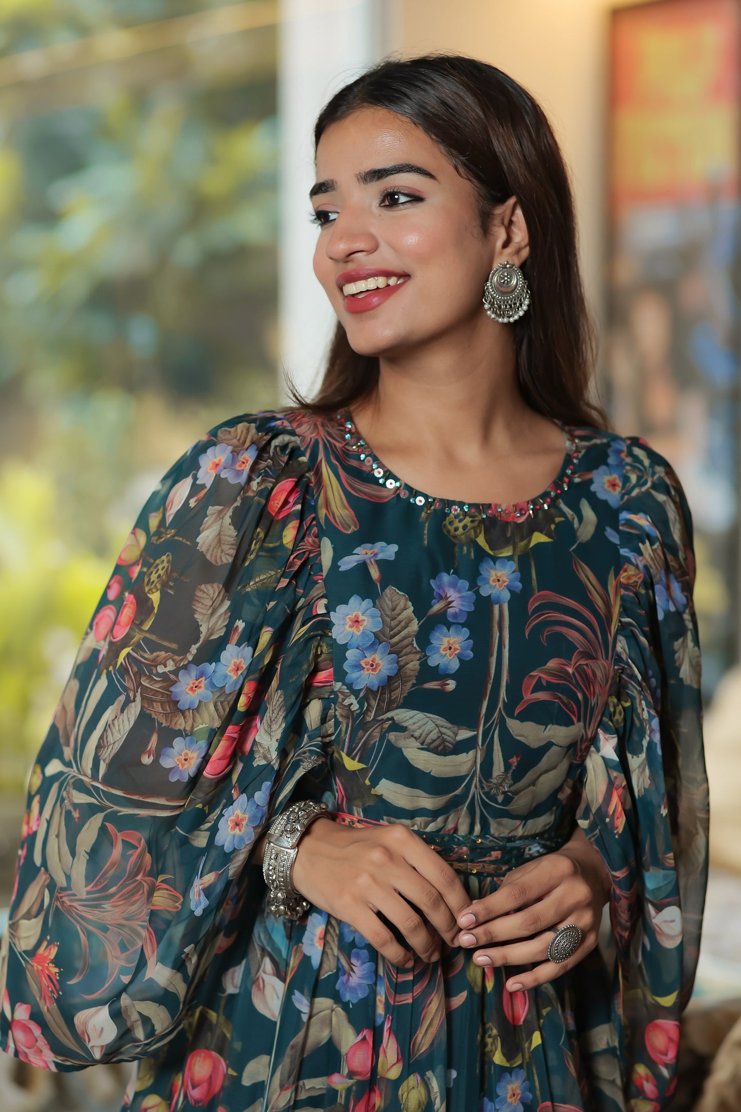 Navy Blue Chiffon Floral Print Dress