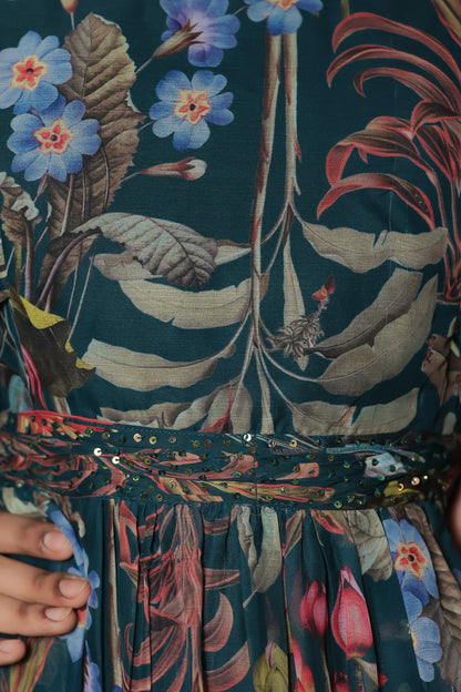 Navy Blue Chiffon Floral Print Dress