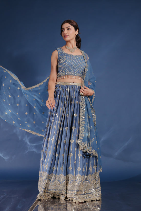 Steel Blue Chinnon Silk Lehenga And Crop Top With Zari And Sequin Work
