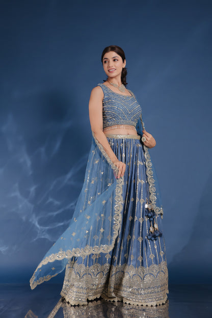 Steel Blue Chinnon Silk Lehenga And Crop Top With Zari And Sequin Work
