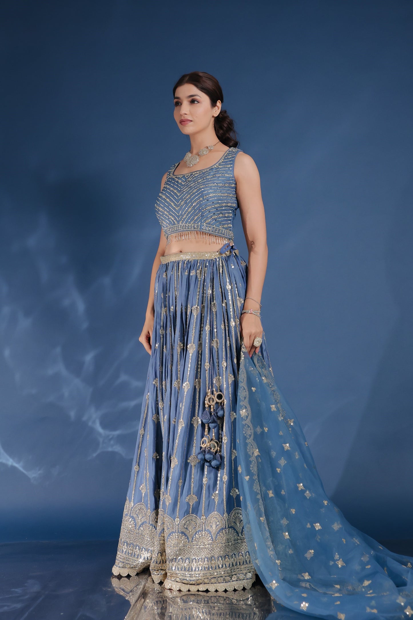 Steel Blue Chinnon Silk Lehenga And Crop Top With Zari And Sequin Work