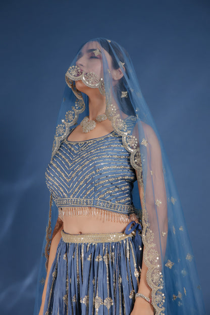Steel Blue Chinnon Silk Lehenga And Crop Top With Zari And Sequin Work