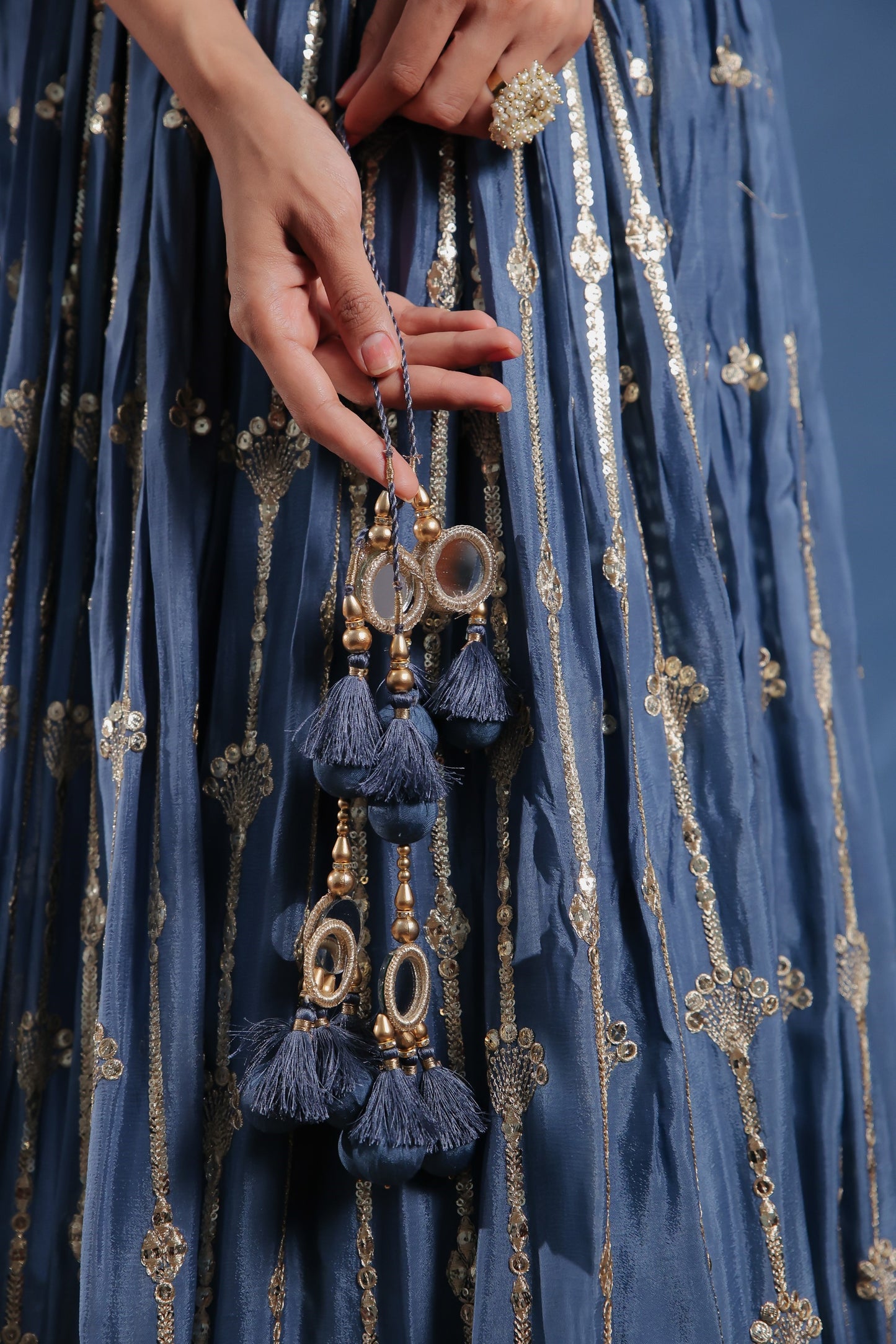 Steel Blue Chinnon Silk Lehenga And Crop Top With Zari And Sequin Work