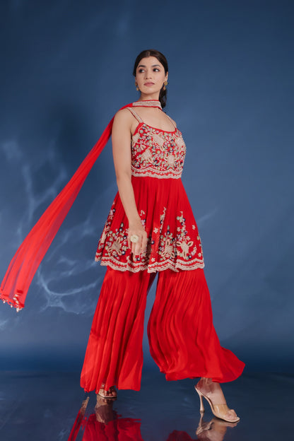 Red Georgette Peplum With Sharara And Dupatta