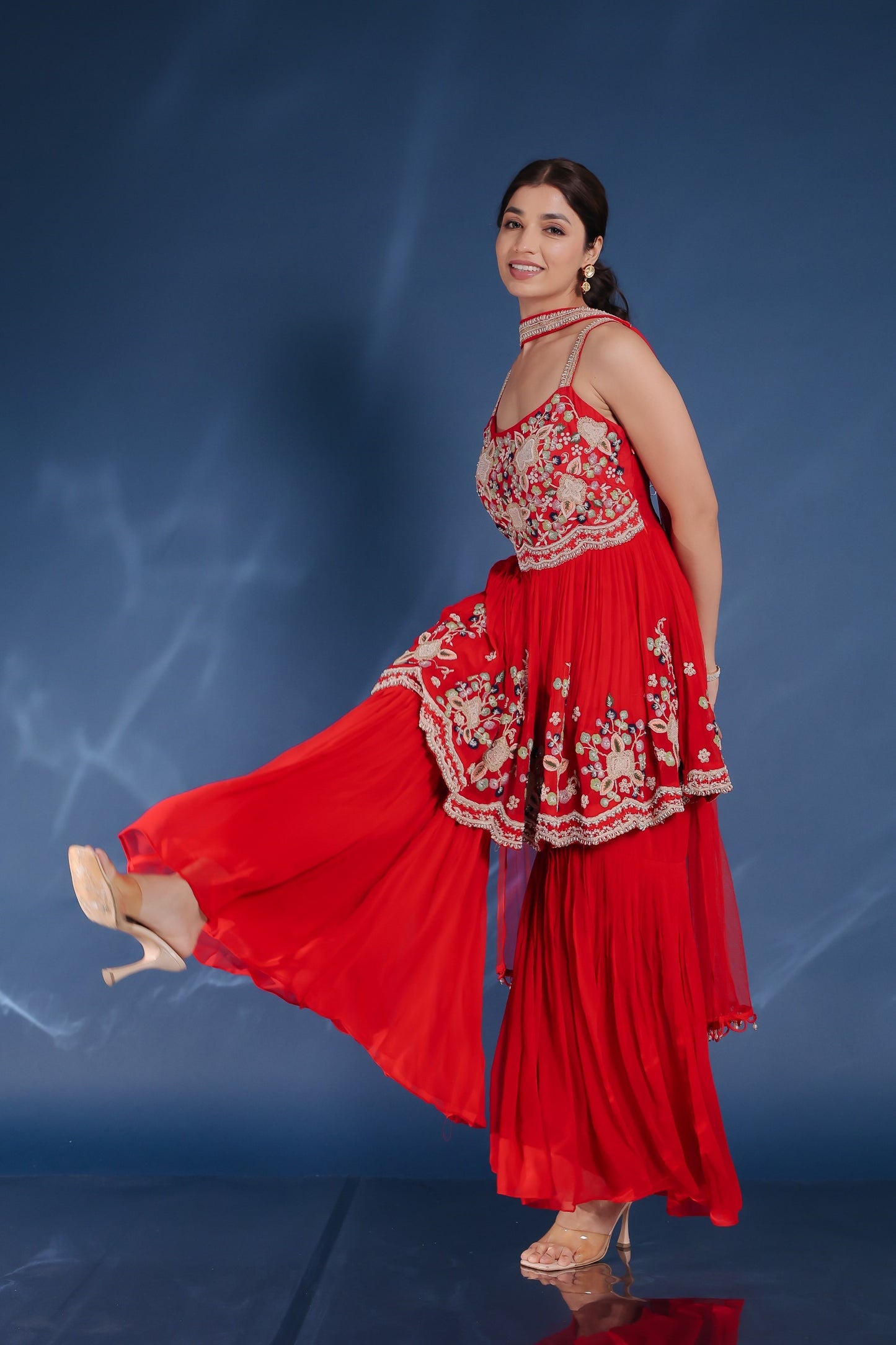 Red Georgette Peplum With Sharara And Dupatta
