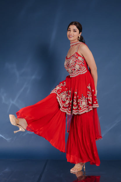 Red Georgette Peplum With Sharara And Dupatta