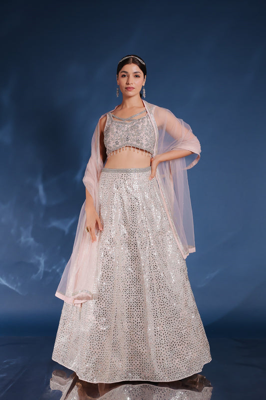 Baby Pink Lehenga And Crop Top Set With Moti, Zari And Mirror Work
