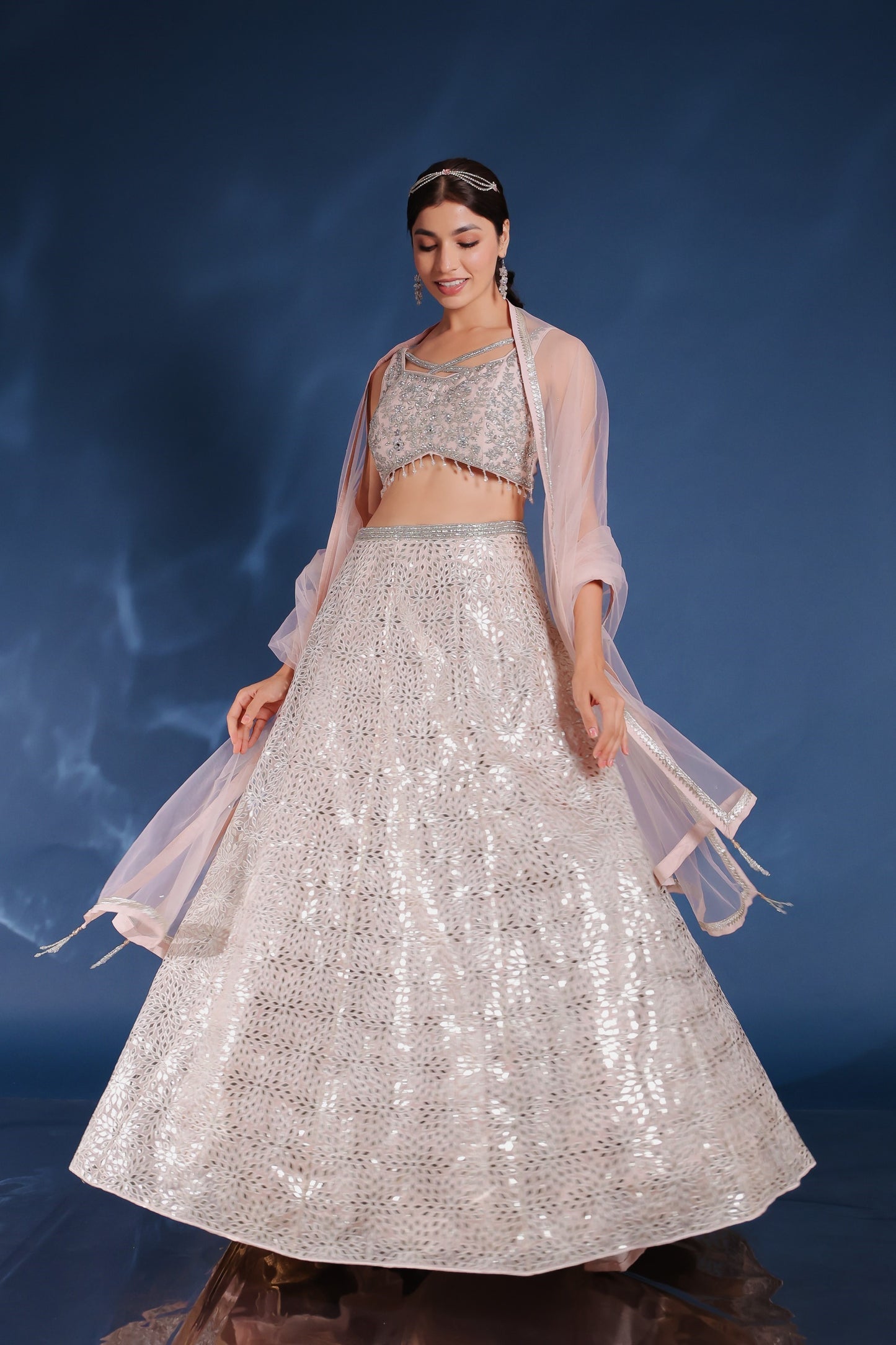 Baby Pink Lehenga And Crop Top Set With Moti, Zari And Mirror Work