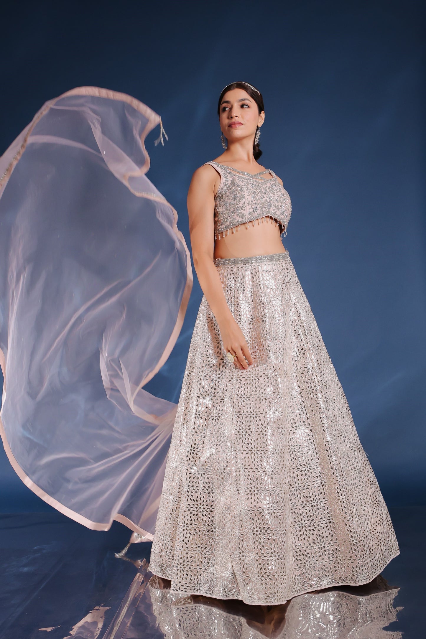 Baby Pink Lehenga And Crop Top Set With Moti, Zari And Mirror Work