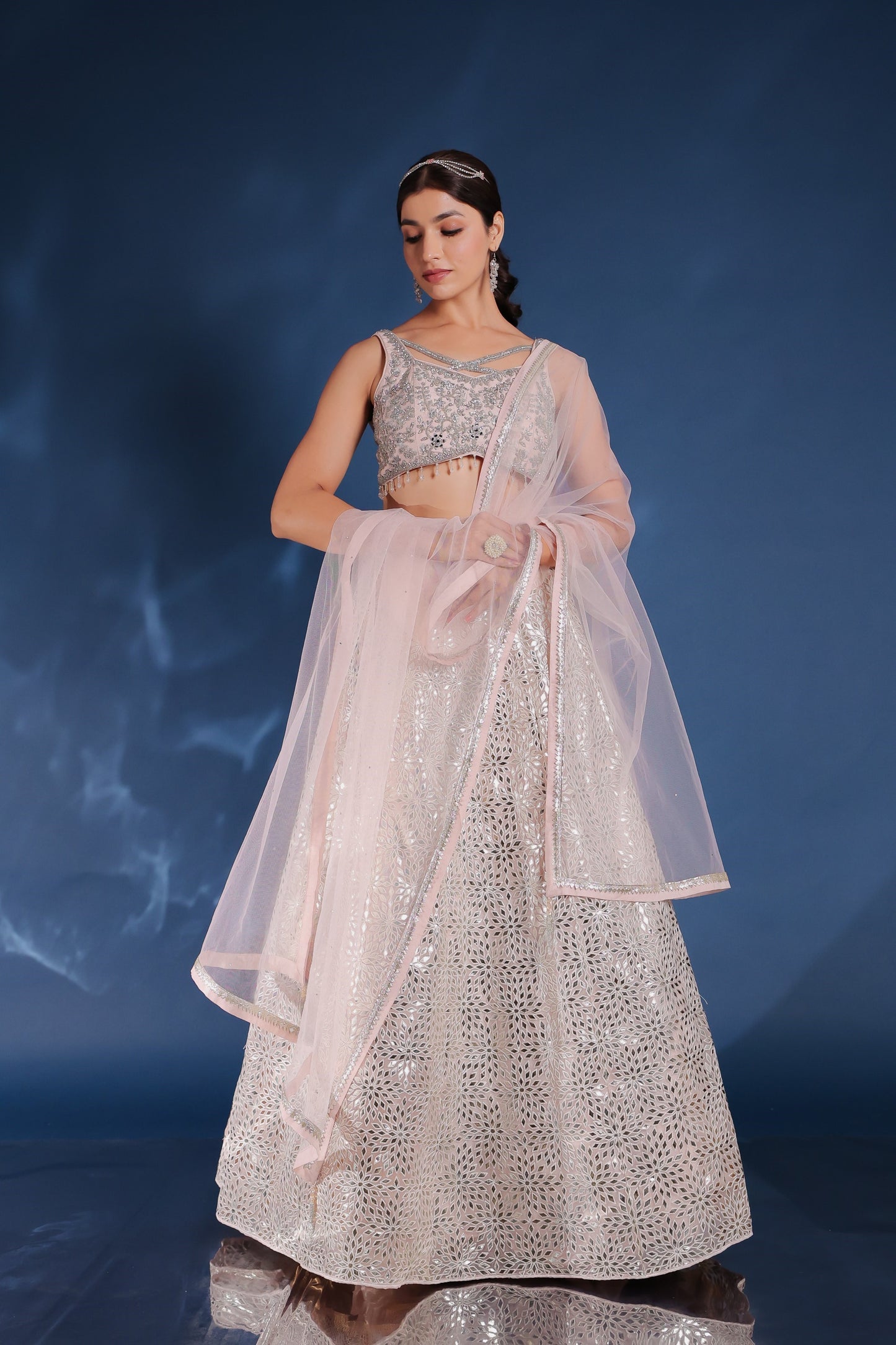 Baby Pink Lehenga And Crop Top Set With Moti, Zari And Mirror Work