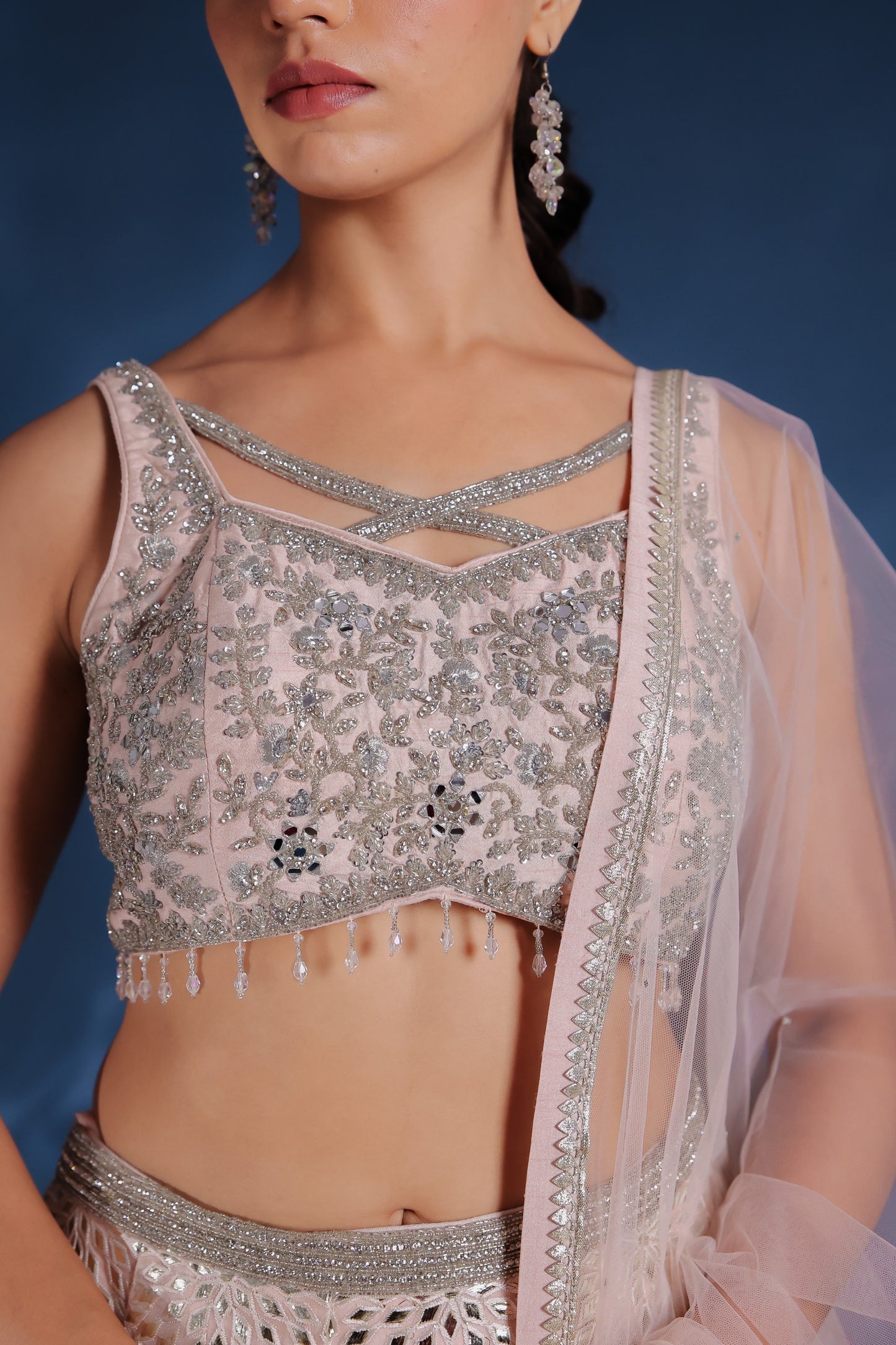 Baby Pink Lehenga And Crop Top Set With Moti, Zari And Mirror Work