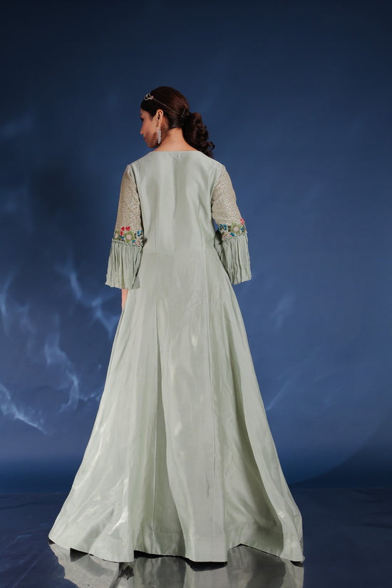 Moss Green Blooming Print Flaired Long Anarkali Dress With Embellished Sleeve And Front Pannel
