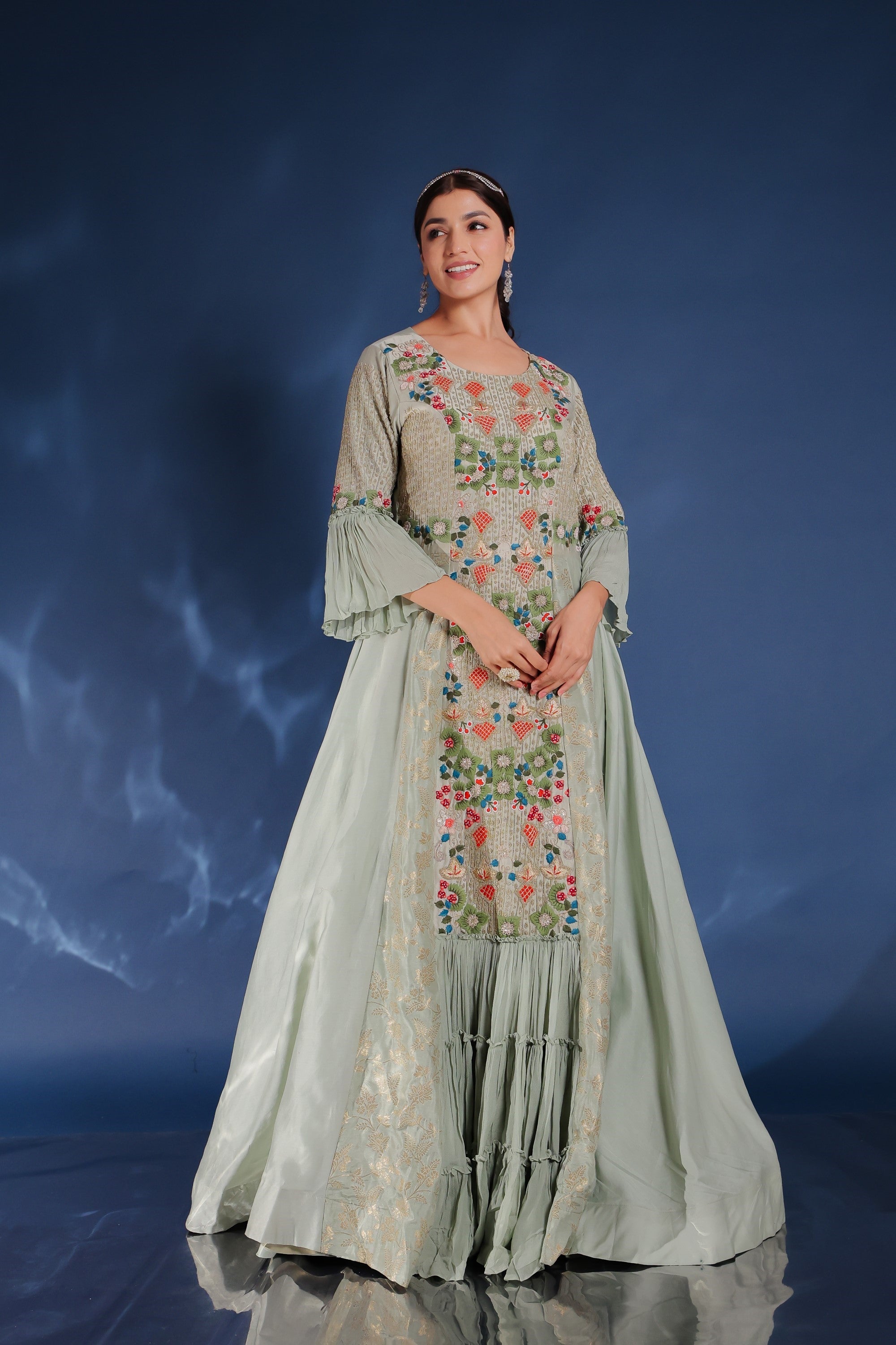 Grey Floral Bridal Long Anarkali Gown In Net SFHLD2703 – ShreeFashionWear