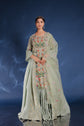 Moss Green Blooming Print Flaired Long Anarkali Dress With Embellished Sleeve And Front Pannel