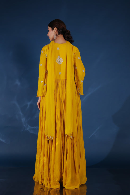Mustard Yellow Georgette Moti, Mirror And Zardozi Work Flared Pleated Gown With Dupatta