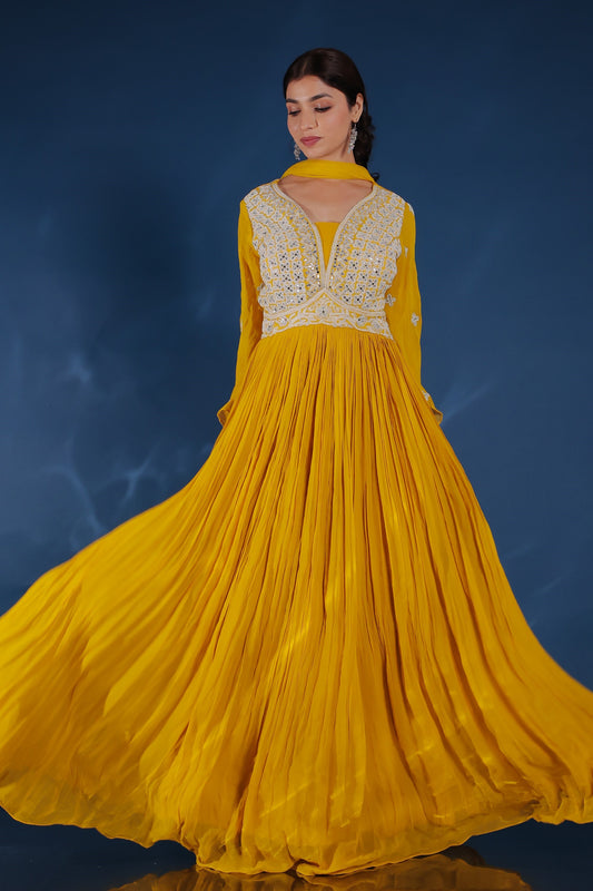 Mustard Yellow Georgette Moti, Mirror And Zardozi Work Flared Pleated Gown With Dupatta