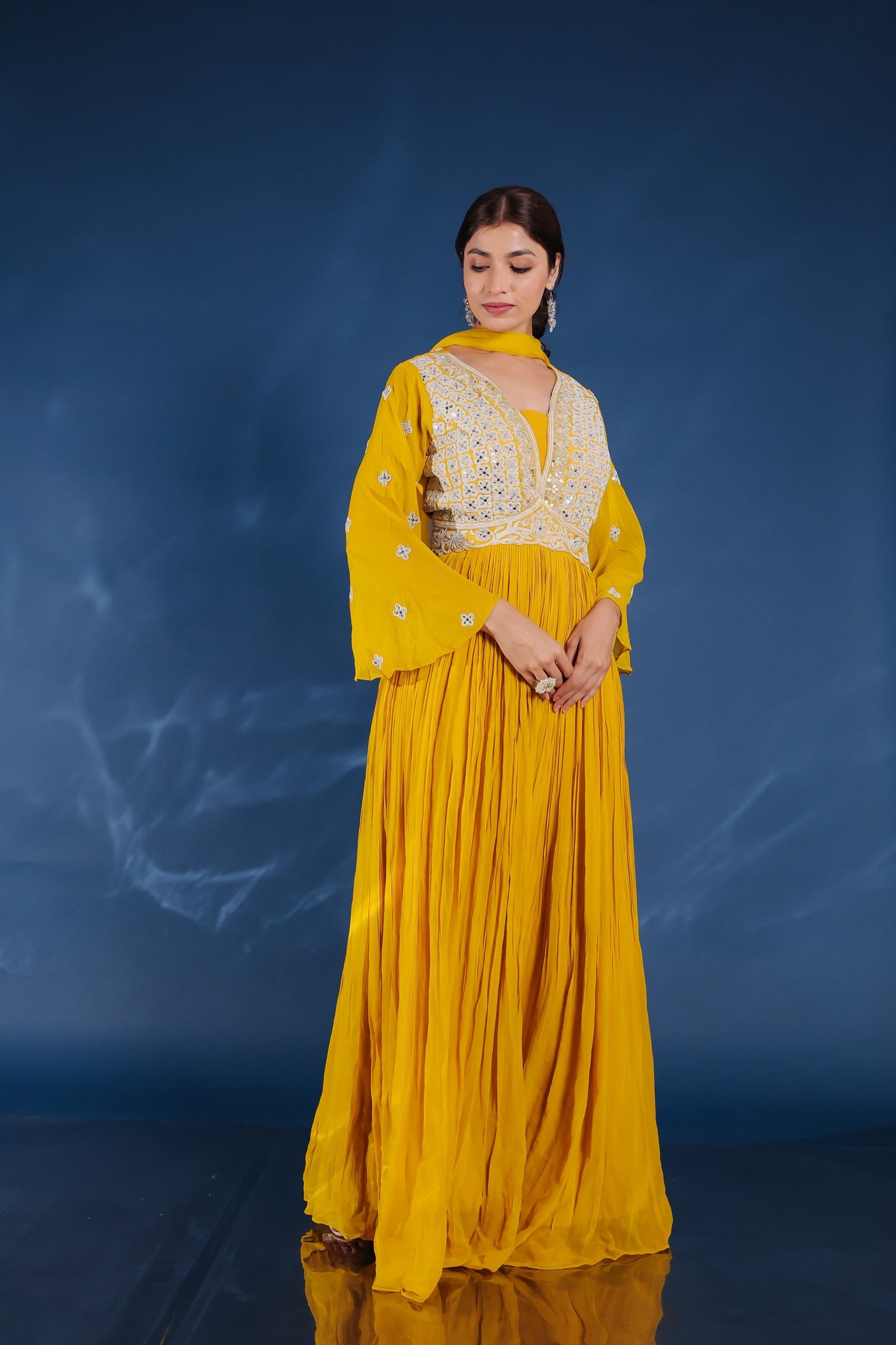 Mustard Yellow Georgette Moti, Mirror And Zardozi Work Flared Pleated Gown With Dupatta