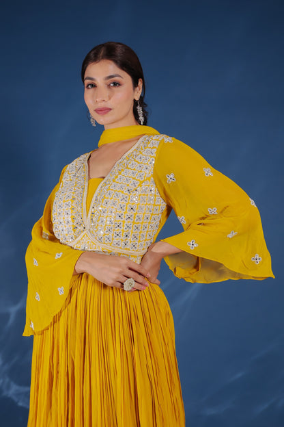Mustard Yellow Georgette Moti, Mirror And Zardozi Work Flared Pleated Gown With Dupatta