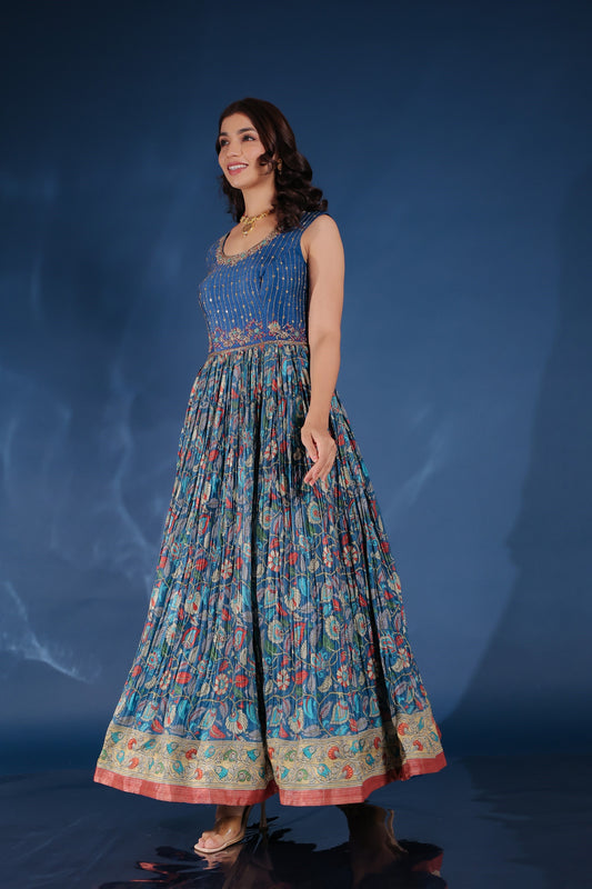 Navy Blue Printed Flared Gown Set