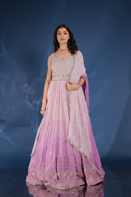Ombre Lavender Georgette Embellished Anarkali Set