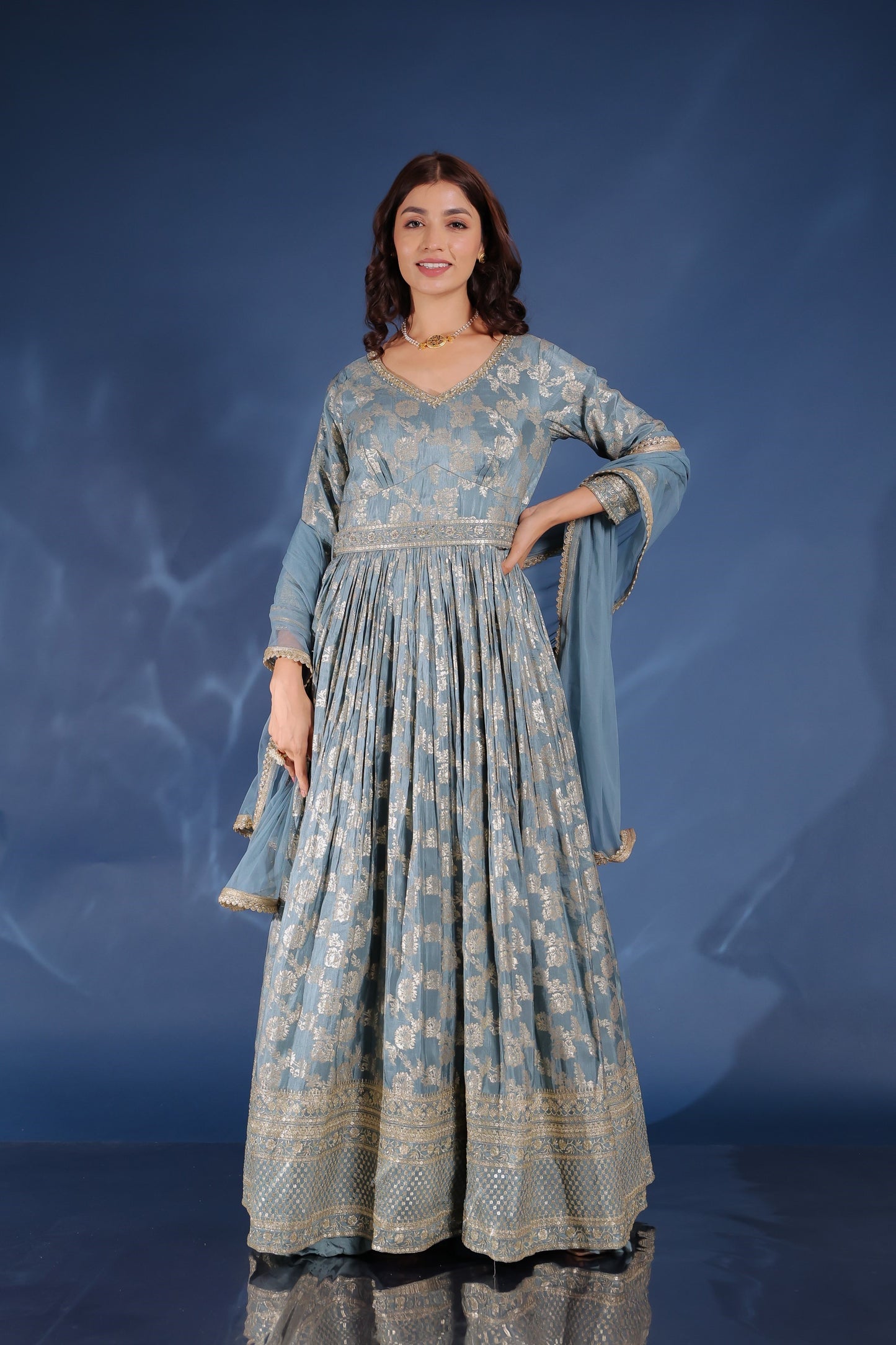 Slate Grey Banarasi Crape Silk Zari Embellished Gown Set