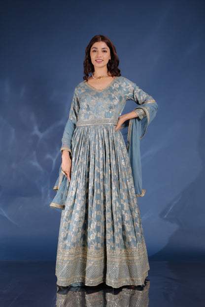 Slate Grey Banarasi Crape Silk Zari Embellished Gown Set